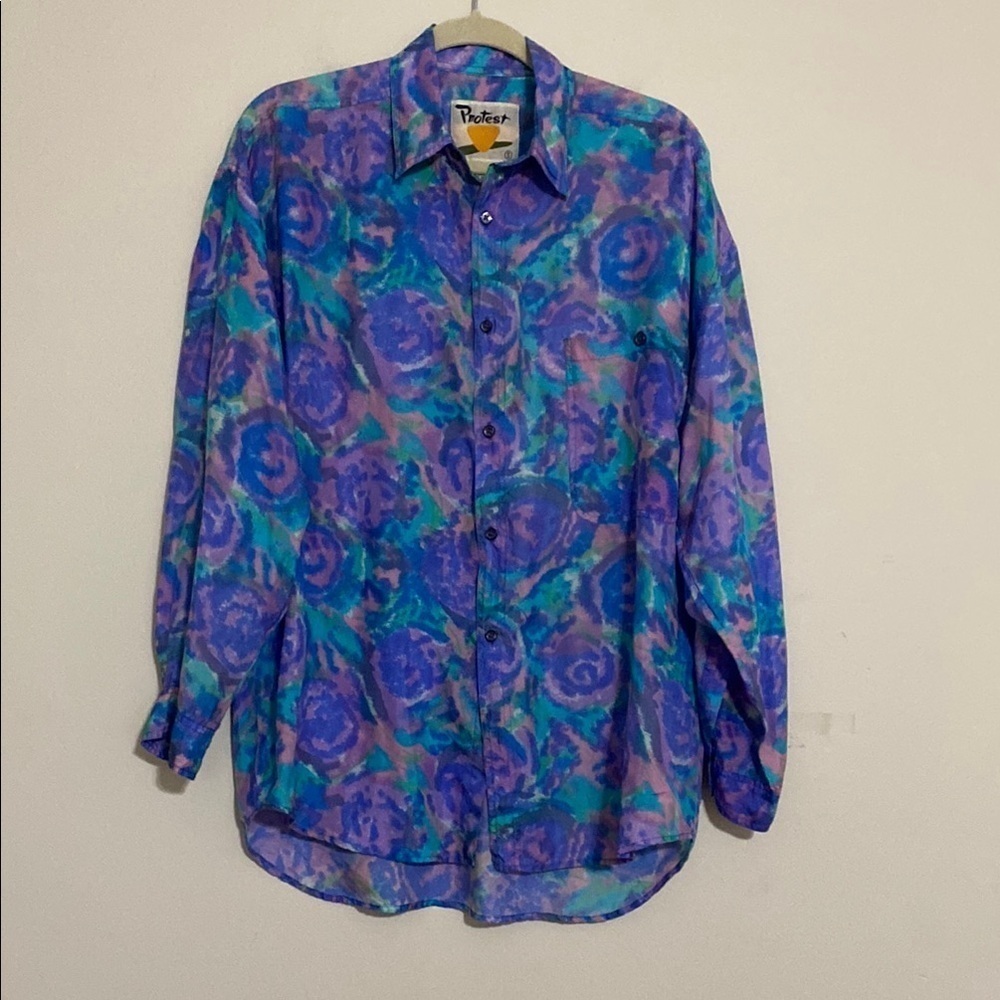 Vintage blouse artsy Blue Purple women Shirt S silk lagenlook casual festival